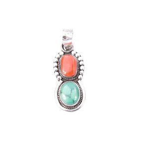 Turquoise and Coral Silver Pendant