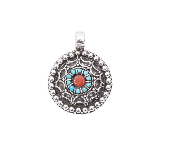 Turquoise and Coral Silver Pendant