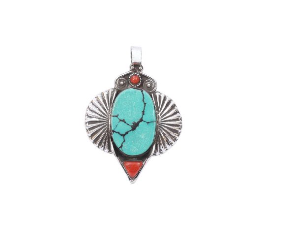 Turquoise and Coral Silver Pendant